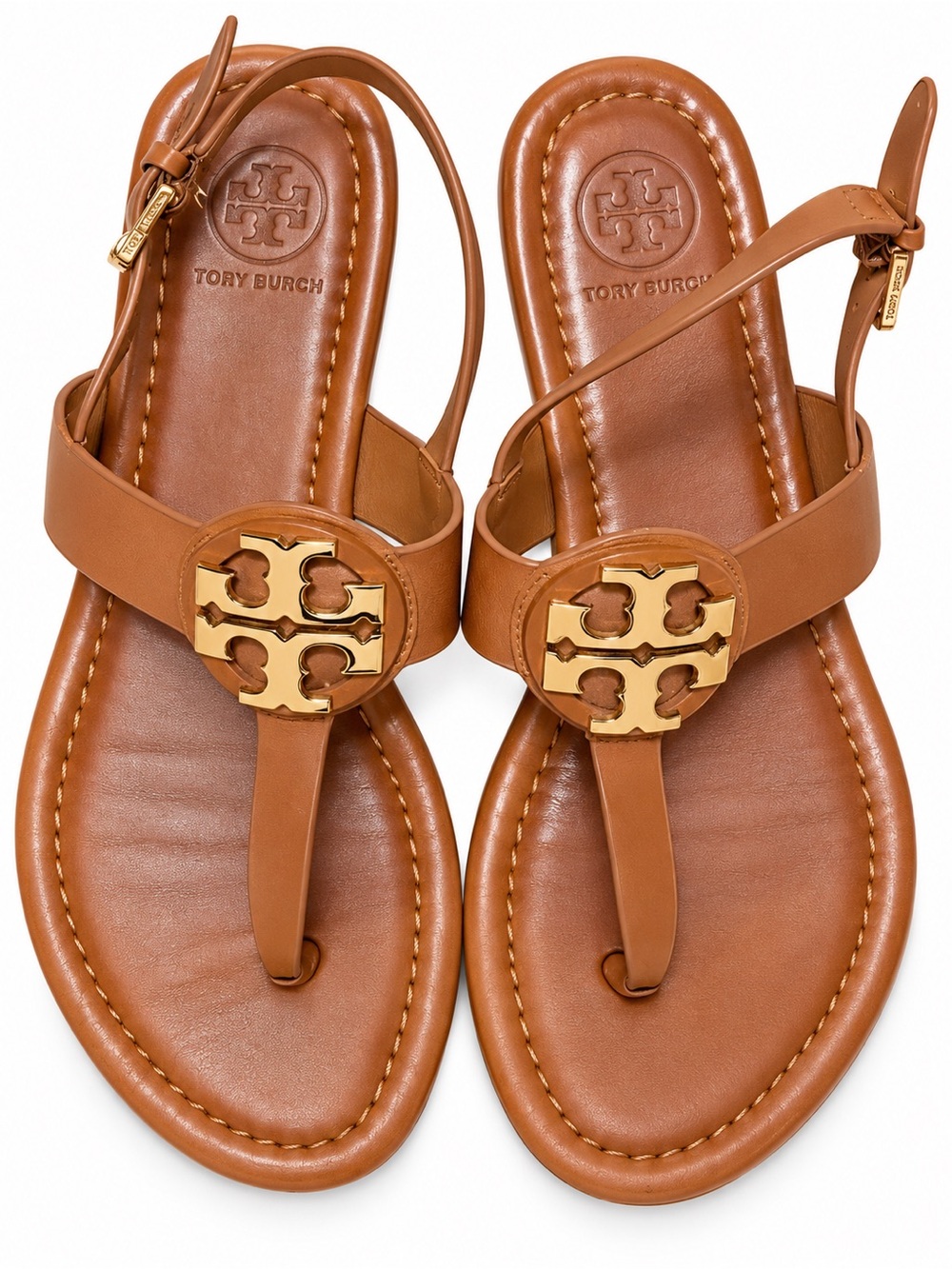 Tory Burch Tan Leather Gold Logo Thong Sandals Size 5.5